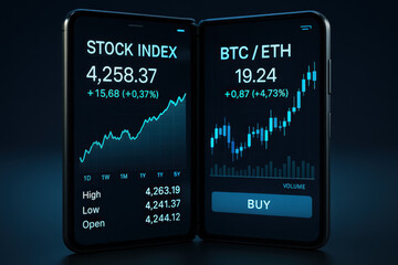 Mobile Stock Market: Dive into the dynamic realm of online trading as two smartphones showcase real-time stock index and cryptocurrency charts.