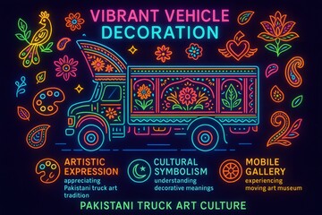 Vibrant Pakistani truck art with intricate floral patterns and colorful designs on vehicle for cultural inspiration and graphic design

