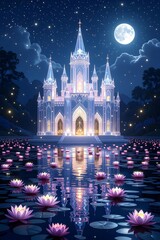 Fototapeta premium Magical Crystal Castle Reflected in a Lotus Pond at Night