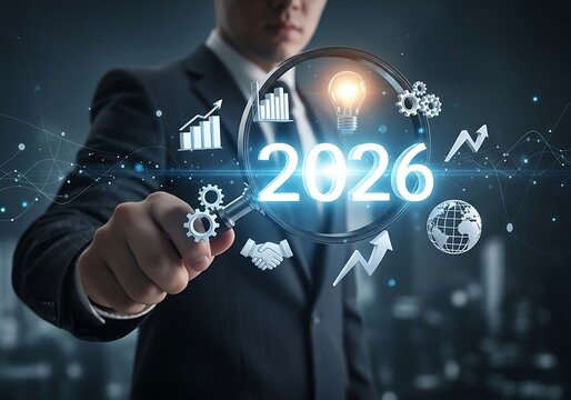 Businessman looking at 2026 with futuristic business icons and charts