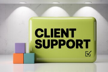 Client support text on green block with colorful cubes and spotlight illumination