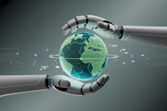 Robotic hands gently cradling a glowing digital earth future technology concept.