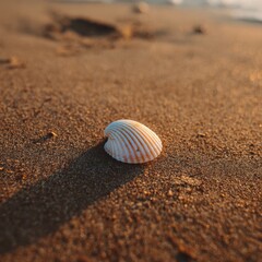 Close-Up of a Beautiful Striped Seashell on Sandy Beach During Golden Hour with Soft Ocean Waves in Background