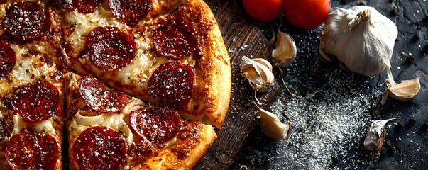 Gourmet pepperoni pizza with fresh garlic and tomatoes served on a rustic wooden board