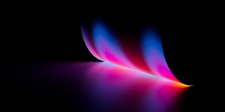 Soft neon gradient with blue and pink light streaks curving on black background, futuristic abstract stock image perfect for modern digital design. - Powered by Adobe