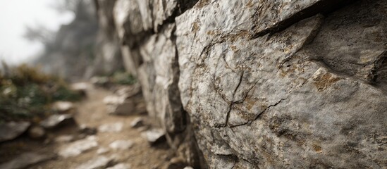 Close-up of rough rock face, blurred mountain path