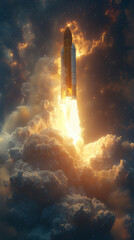 Obraz premium A large rocket launches, engines roaring with bright fire, pushing through thick smoke and glowing clouds into the starry night.