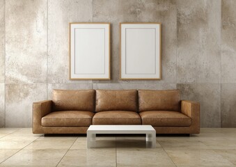 A contemporary living room design features a light beige stone wall, a tan leather sofa, and a white coffee table with two framed artworks.