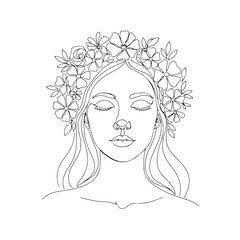 Woman with Flower Crown in Minimal Line Style