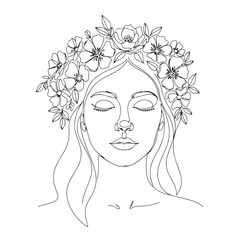 Woman with Flower Crown in Minimal Line Style
