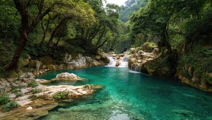 Fototapeta premium Tranquil turquoise pool nestled in a lush green valley
