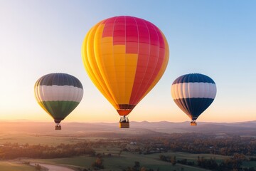 Obraz premium Colorful hot air balloons floating above scenic countryside at sunrise