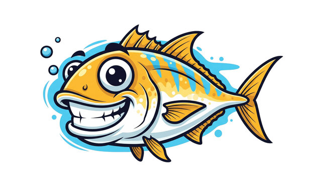 Colorful cartoon illustration of a happy smiling yellow fish with big eyes and bubbles, playful comic style marine animal character isolated on white background for children&rsquo;s design, mascot