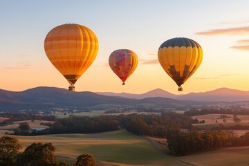 Fototapeta premium Colorful hot air balloons soaring at sunrise over scenic valley