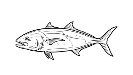 Black and white vector illustration of a large amberjack fish isolated on white background, realistic hand drawn marine species artwork for fishing, seafood industry, nature studies