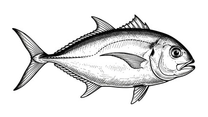 Fototapeta premium Highly detailed black and white vector illustration of a jack fish isolated on white background, realistic hand drawn marine animal artwork perfect for fishing, seafood, ocean life