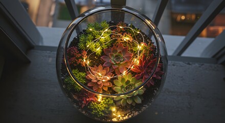 Cozy Urban Balcony Garden with a Succulent Terrarium and Fairy Lights