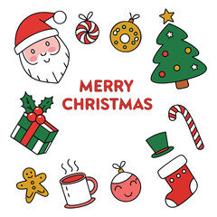 A vector icon set for Christmas and holiday celebrations including Santa, snowmen, Christmas trees, gifts, and ornaments