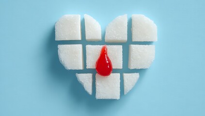 A sugar heart shape with a single drop of red liquid on blue