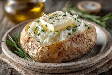 Fluffy baked potato topped with creamy butter and fresh herbs served on rustic wooden table with olive oil in the background creating a delicious culinary experience