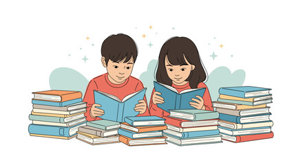 Two children engrossed in reading surrounded by stacks of books.