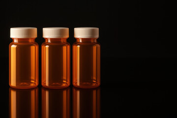 Pharmaceutical Trio: A trio of prescription medicine bottles stand in a stark, cinematic display. The warm glow of the amber glass contrasts against the deep, inky black background.