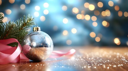 Beautiful Christmas ornament resting on wooden surface with festive lights in the background during the holiday season