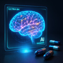 Digital Brain: An Ultra 8K visual depicts an AI-enhanced brain model with luminous.