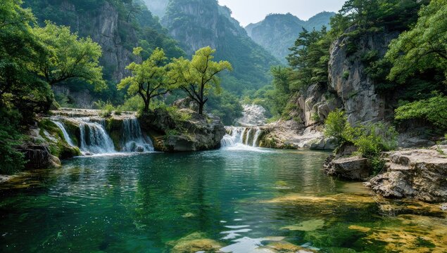 Serene mountain stream cascading into a tranquil pool. Lush greenery surrounds the water