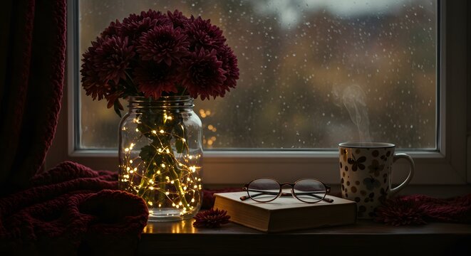 Cozy Autumn Window Nook with Chrysanthemums, Hygge-Inspired Autumn Mood on a Windowsill