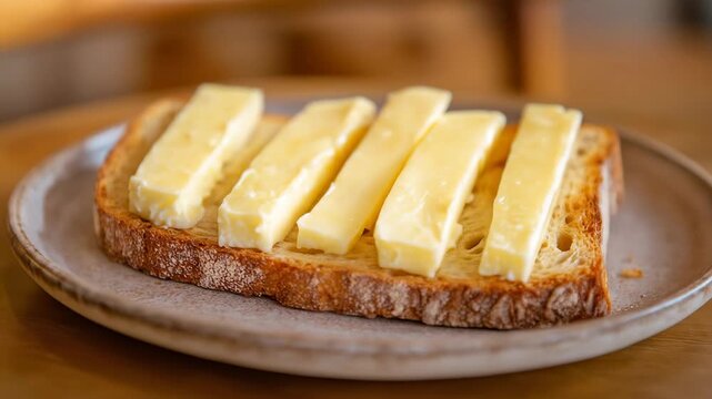 Toast topped with rows of butter on a plate