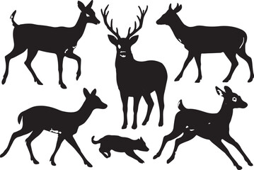 Collection of silhouette deer and fawn animals in various poses on a white background