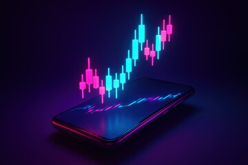 Financial Data On Display: A smartphone screen vividly displays a glowing financial graph, illustrating market trends with vibrant blue and pink colors, symbolizing growth in the digital economy.