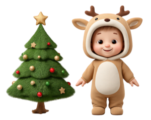 Child in reindeer costume standing beside decorated Christmas tree, festive holiday scene with ornaments, joyful expression, winter celebration, cute and cheerful atmosphere