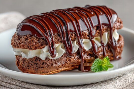 Decadent chocolate eclair drizzled elegantly with rich dark chocolate ganache showcasing its creamy filling and tempting textures inviting a delightful confectionery experience