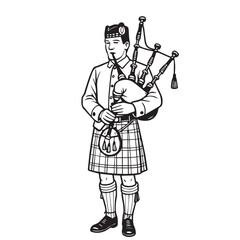 Vector drawing of a man playing the bagpipe, in black and white style with bold black outlines, conveying tradition, music, and minimalist artistic appeal.