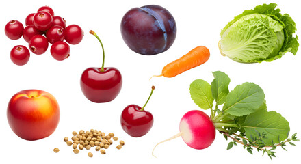 Fresh assorted fruits and vegetables including cherries, radish, peach, plum, lettuce, carrot and herbs on white background, perfect for healthy eating or nutrition articles