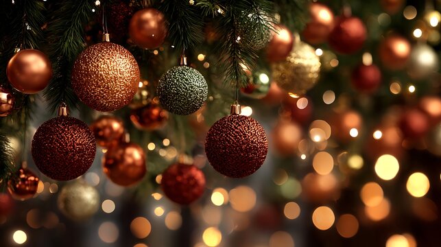 Christmas tree full of radiant lights and decorated with metallic copper red and green spheres empty background