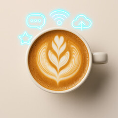 Latte Art Connectivity: Overhead view of a cup of latte decorated with artistic design. Around the latte, there are glowing communication symbols, suggesting the concept of online connectivity.