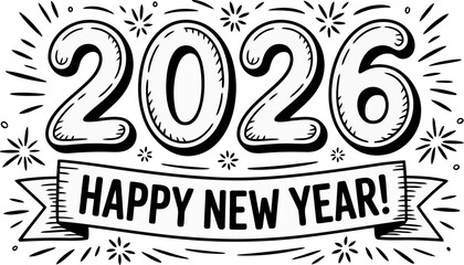 2026 Happy New Year hand drawn text with festive bursts and stars lettering