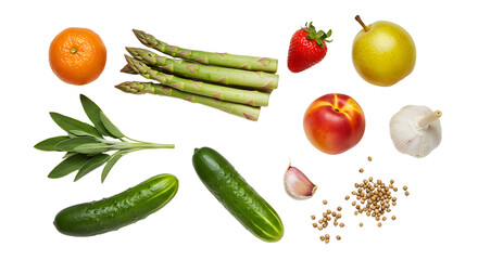Fresh assortment of healthy vegetables and fruits including asparagus, cucumber, peach, garlic and strawberry on white background, perfect for nutrition and cooking content