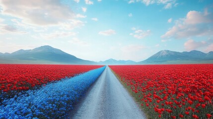 Naklejka premium the road surrounded by colorful flowers, path in the field