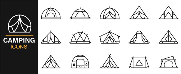Hiking and camping gear icons editable stroke vector outline graphic set