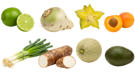 Fresh exotic fruits and vegetables assortment including lime, celery root, starfruit, apricot, green onions, celery, cantaloupe, and avocado, perfect for healthy recipes
