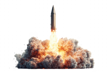 A powerful rocket launching into the dark night sky with intense fire and smoke transparent