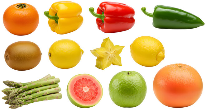 Fresh colorful assorted fruits and vegetables including orange, bell peppers, kiwi, lemon, starfruit, grapefruit, asparagus, and green apple, ideal for healthy eating