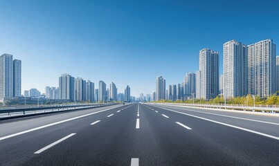 Empty highway vanishes into a city skyline under a clear blue sky