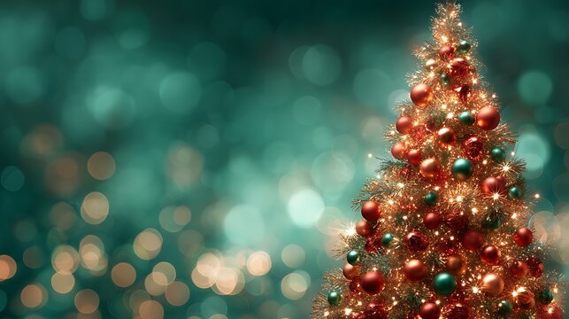Shimmering Christmas tree glowing with radiant lights and glossy copper red and green spheres empty backdrop