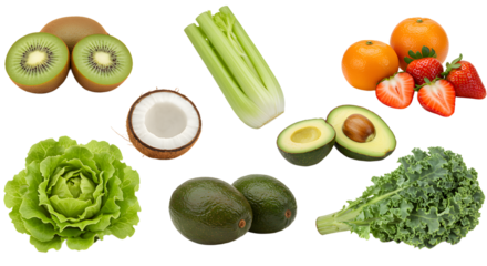 Fresh assortment of healthy fruits and vegetables including kiwi, coconut, celery, avocado, kale, lettuce, strawberry, and tangerines, perfect for nutritious meal planning