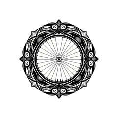 Intricate black and white illustration of a bicycle wheel within an ornate decorative frame.
